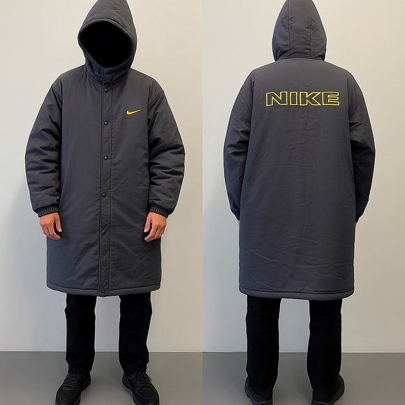 Vintage 90s Dark Grey Nike Parka/Bench Coat/Sideline Hooded Jacket—Large - Picture 1 of 12
